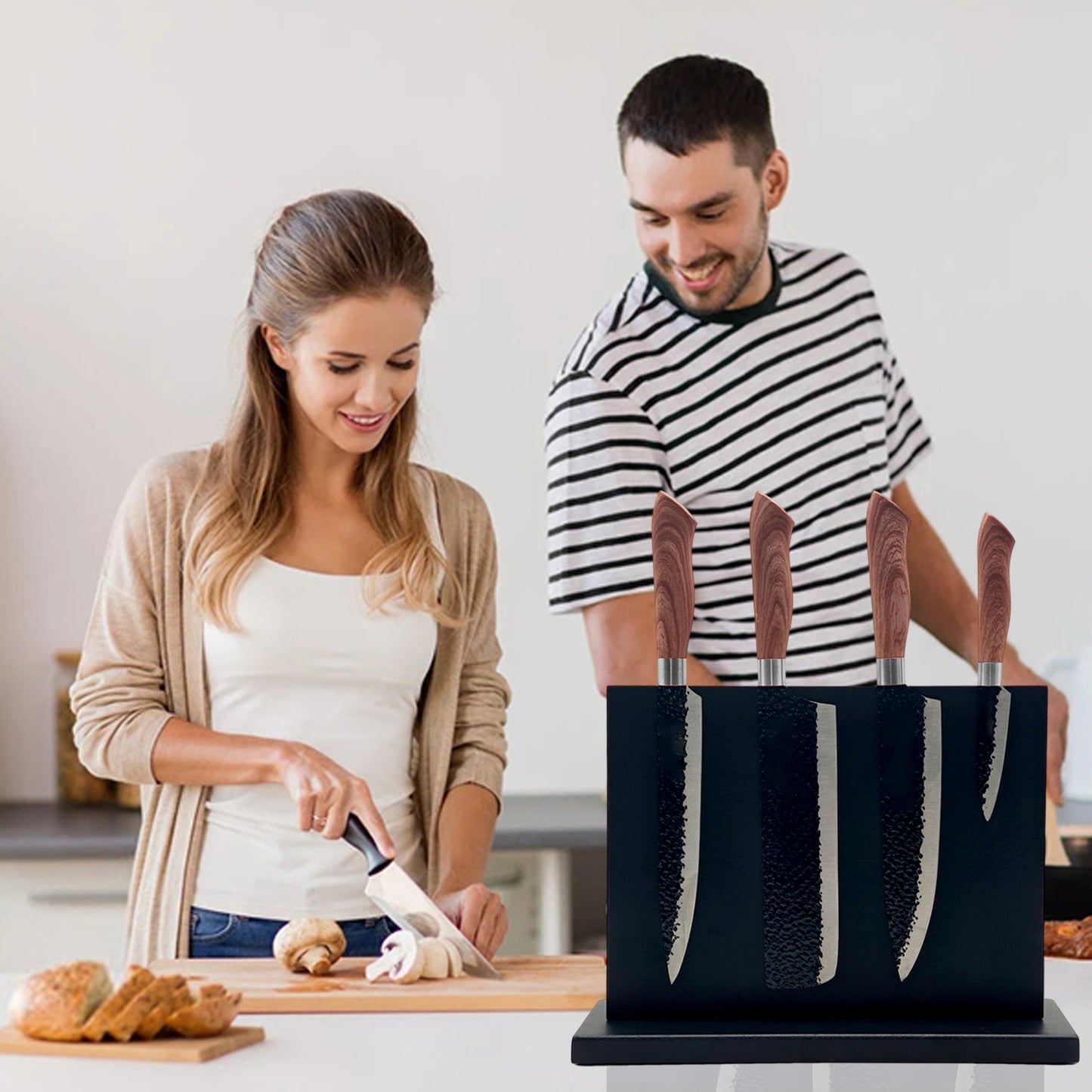 Resafy Black Acacia Wooden Double Sided Magnetic Knife Stand Knife Display Stand
