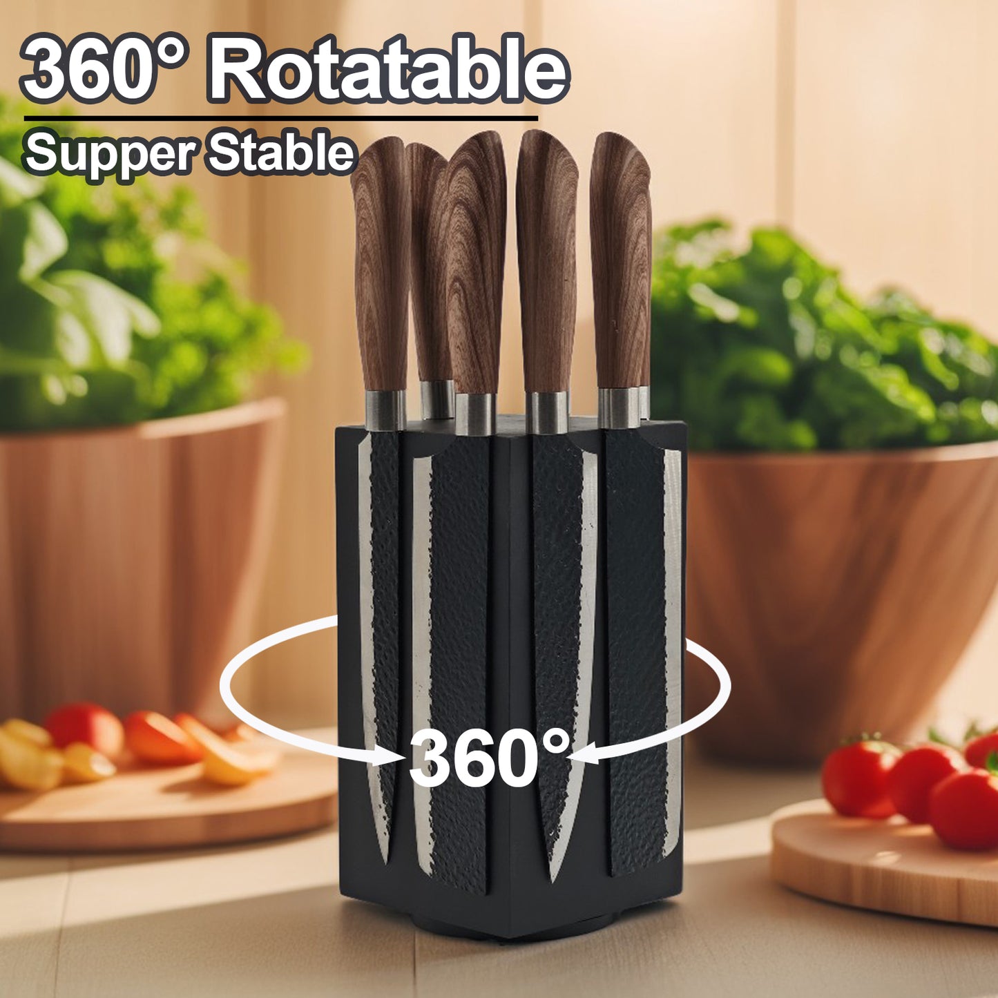 Resafy Black Magnetic Knife Wooden Block 360 Rotatable Knife Holder Rack Magnetic Stands with Strong Enhanced Magnets Kinves Strip