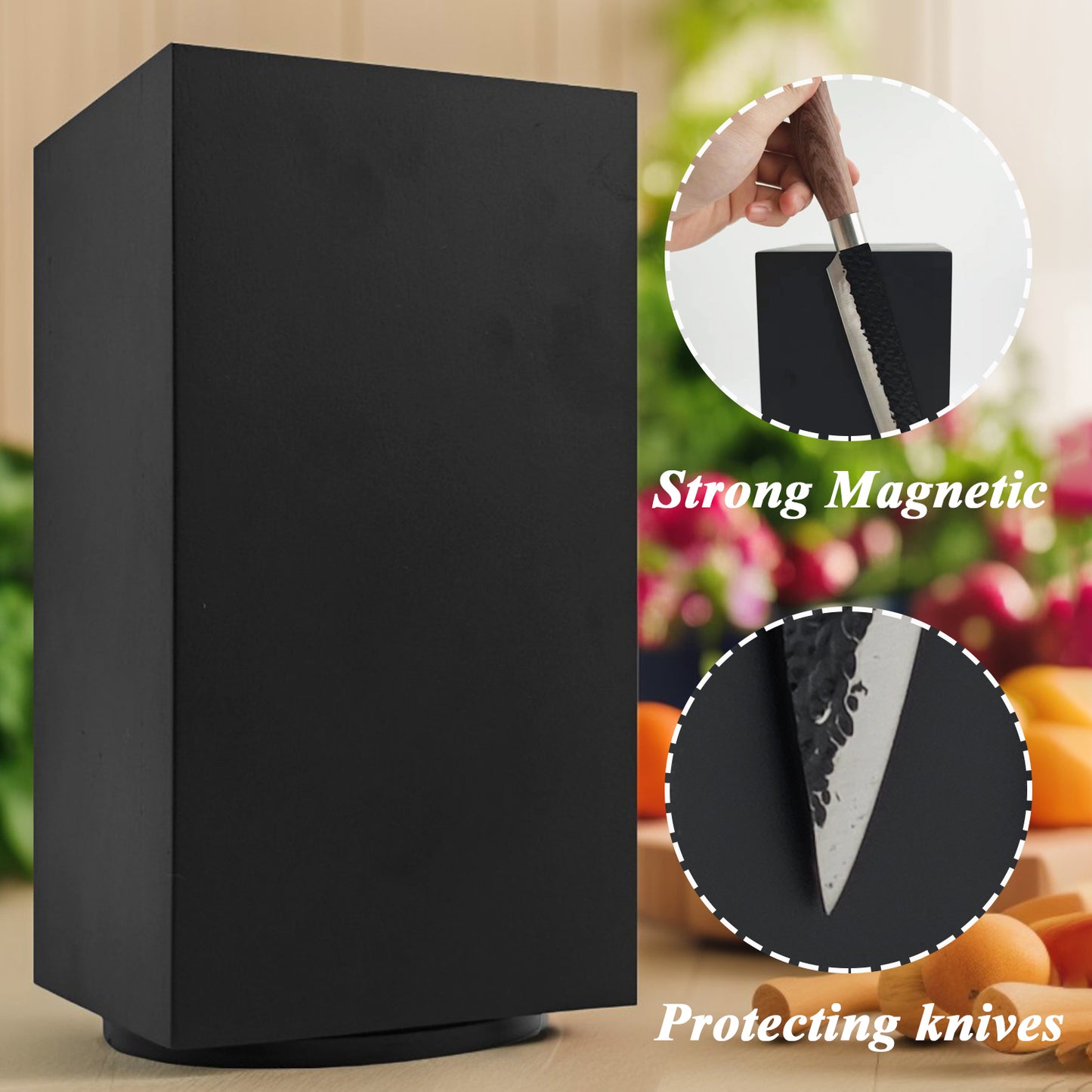 Resafy Black Magnetic Knife Wooden Block 360 Rotatable Knife Holder Rack Magnetic Stands with Strong Enhanced Magnets Kinves Strip