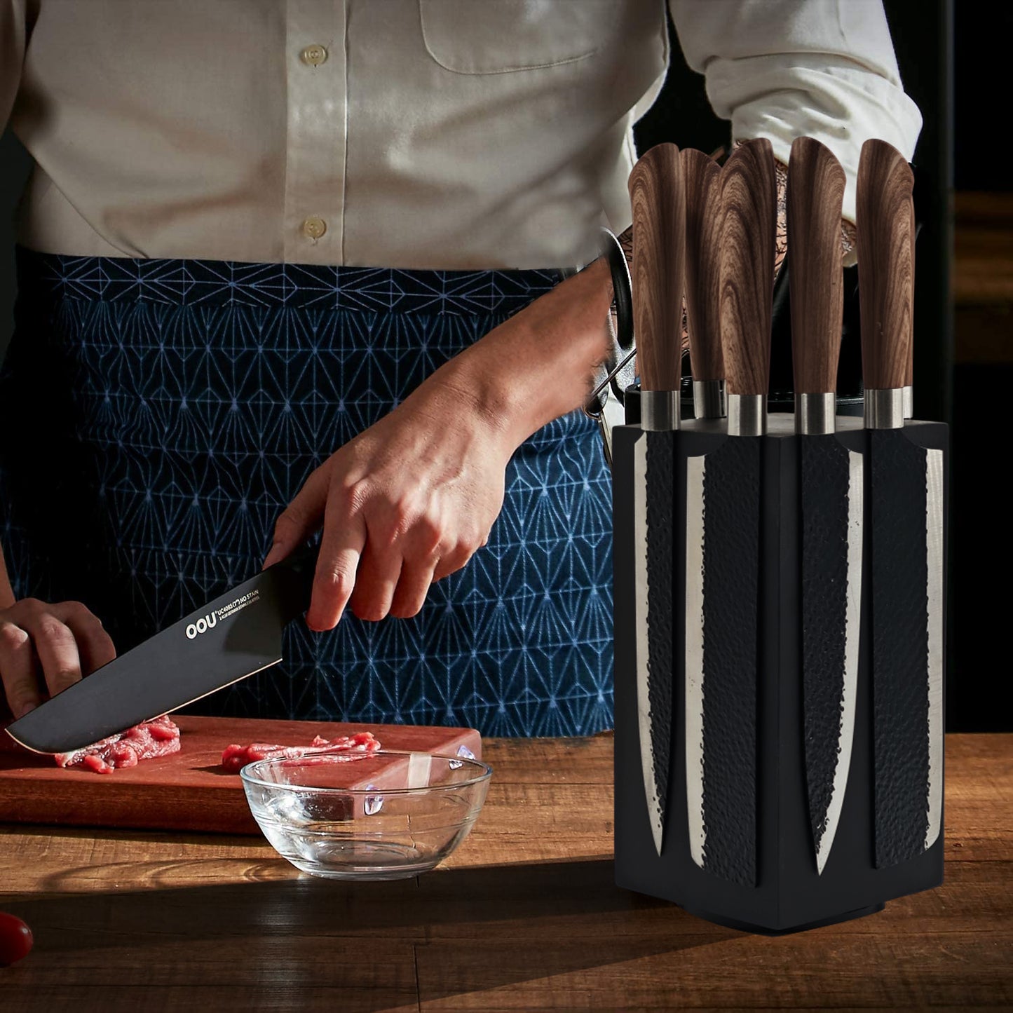 Resafy Black Magnetic Knife Wooden Block 360 Rotatable Knife Holder Rack Magnetic Stands with Strong Enhanced Magnets Kinves Strip