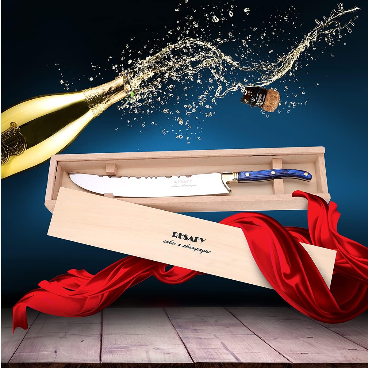 Resafy Champagne Saber With Wooden Box Blue