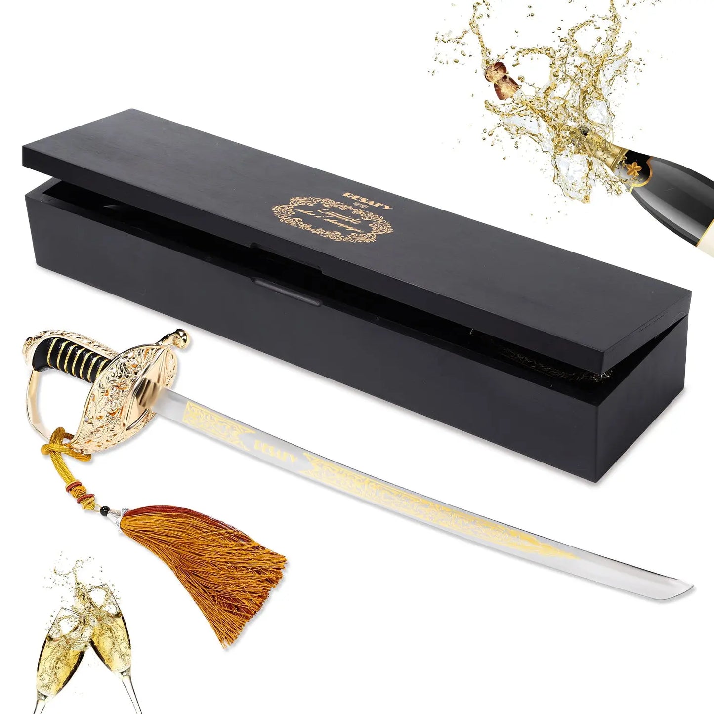 Resafy Champagne Saber with Golden Handle With Wooden Gift Case G3
