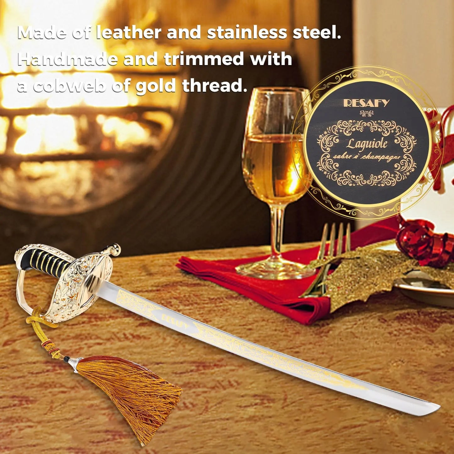 Resafy Champagne Saber with Golden Handle With Wooden Gift Case G3