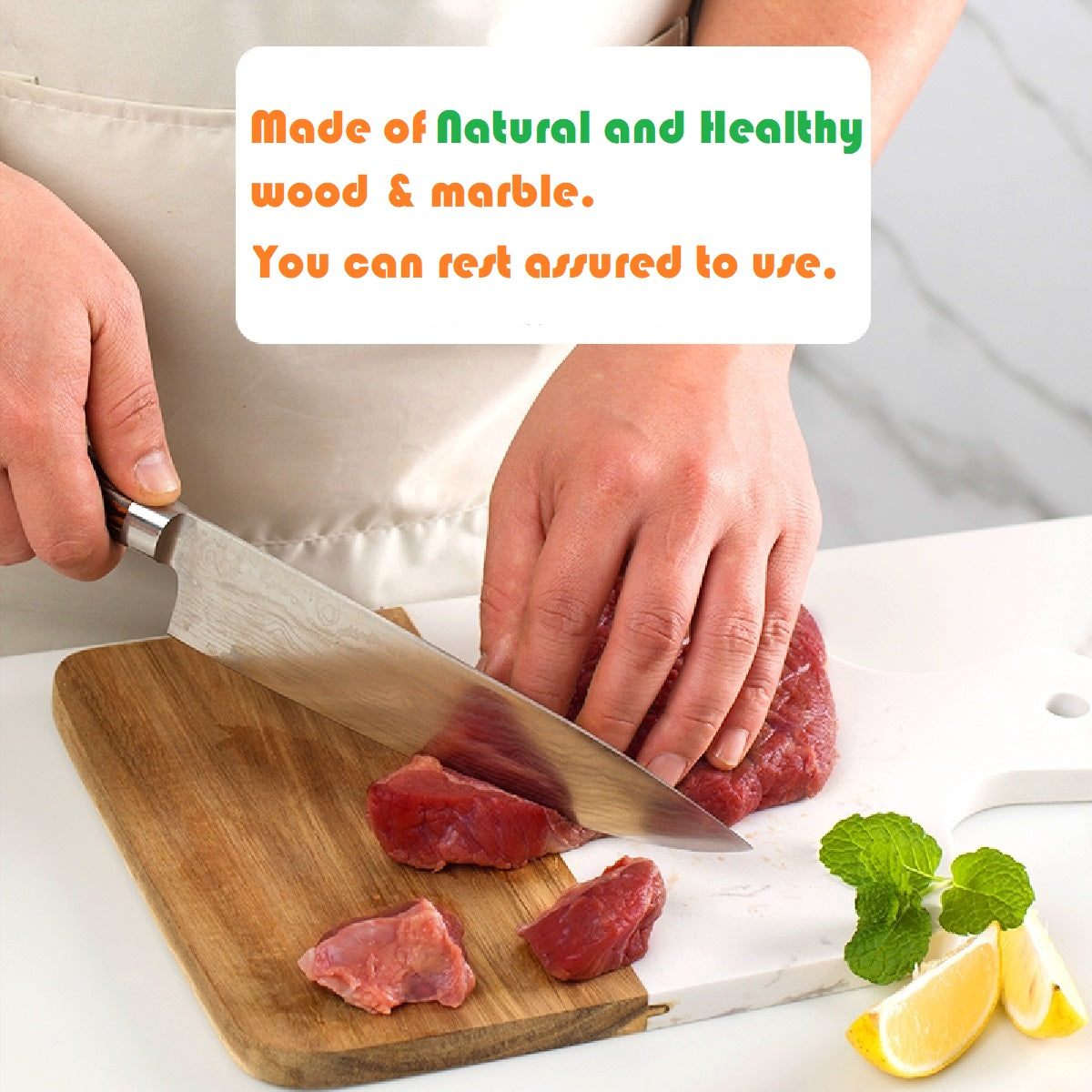 Resafy Acacia Quilted Marble Cutting Board, Butcher Block, White