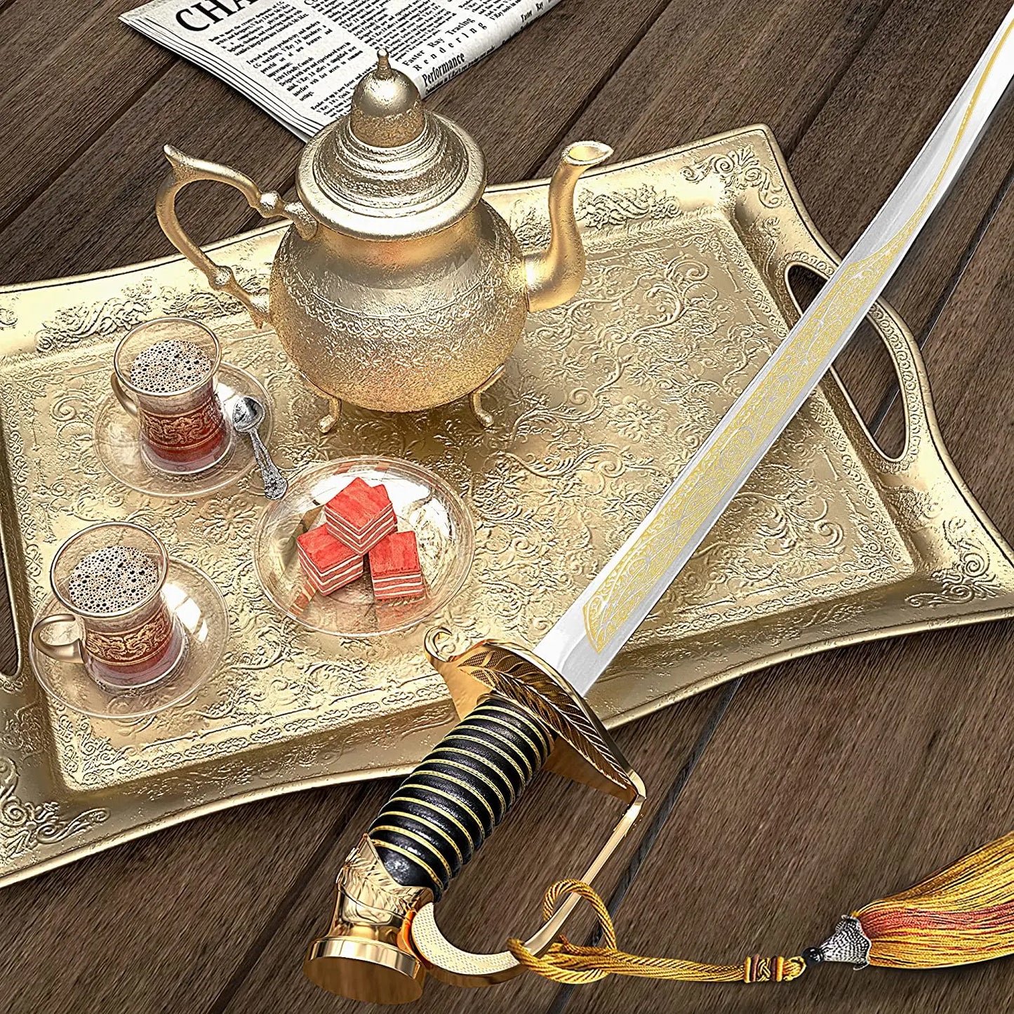 Resafy Champagne Saber with Golden Handle With Wooden Gift Case G2