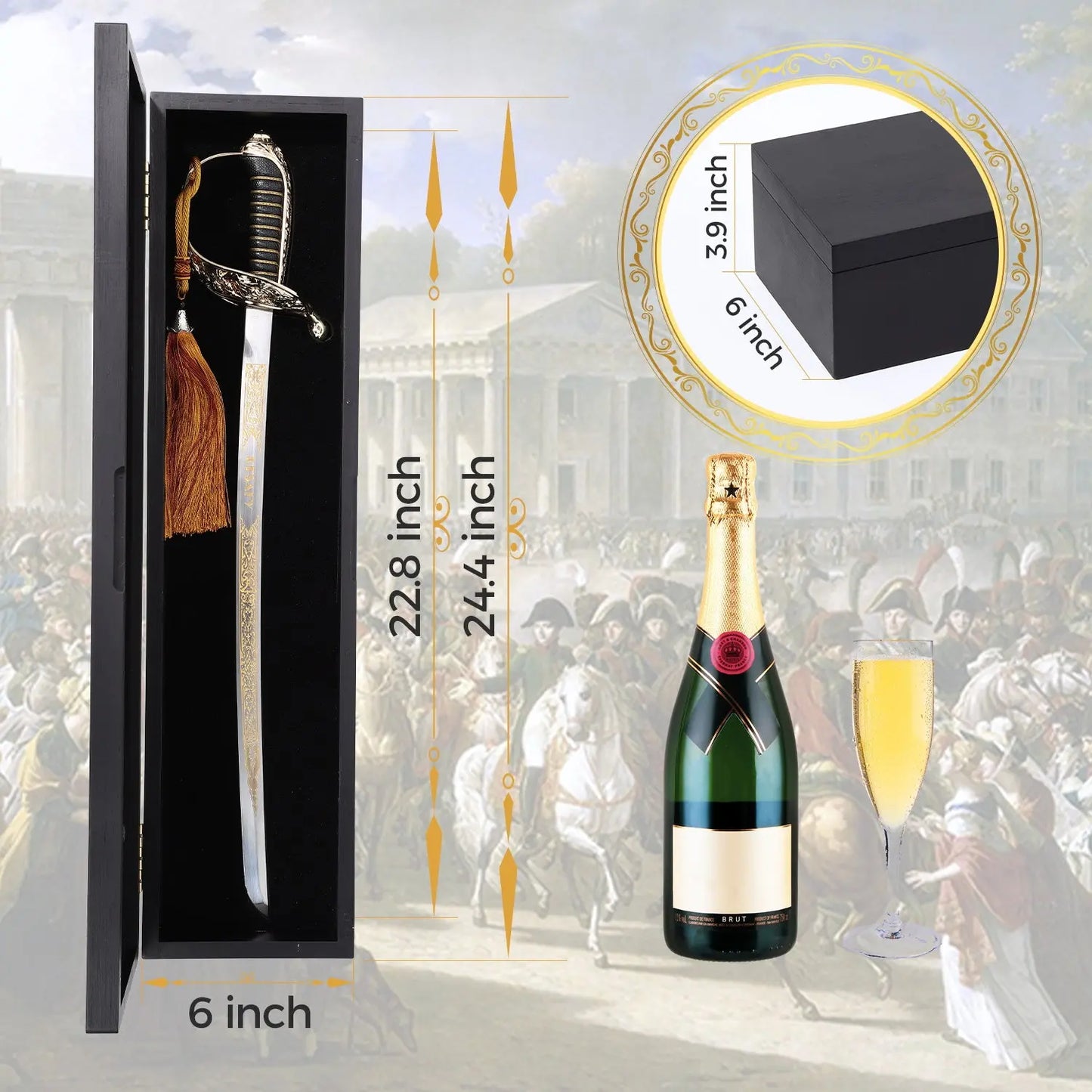 Resafy Champagne Saber with Golden Handle With Wooden Gift Case G3